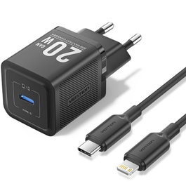 Vention Cargador de Pared GaN 20W USB-C con Cable Lightning 1m, Modelo TZ-FEPB0-EU-02, Carga Rápida PD/QC/PPS